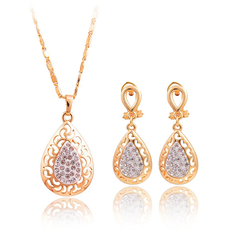 Gold Color Fashion Jewelry Sets For Women Full Rhinestone Crystal Hollow Out Water Drop Pendant Necklace And Earrings Set | Украшения и