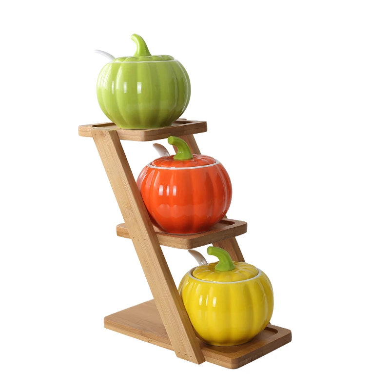 Creative pumpkin seasoning bottle set Ceramic with wood holder Castor Spice jar Seasoning pot Salt and pepper set Sugar bowl
Creative pumpkin seasoning bottle set Ceramic with wood holder Castor Spice jar Seasoning pot Salt and pepper set Sugar bowl