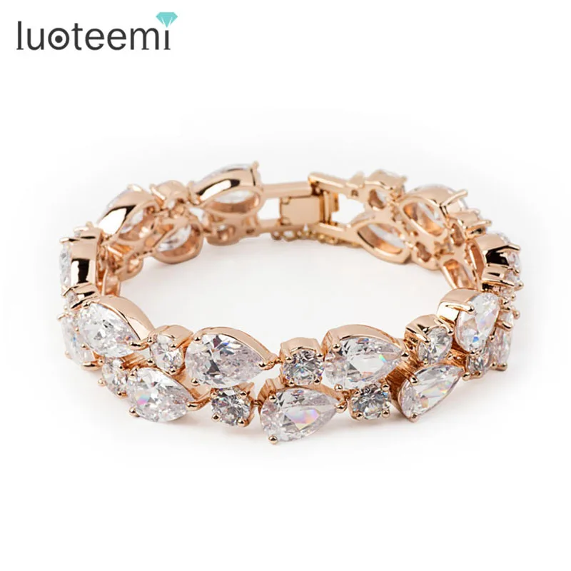 

LUOTEEMI High Quality Champagne Gold-Color Mona Lisa Clear Zircon Bracelet & Bangles for Women Clear CZ Stones Jewelry