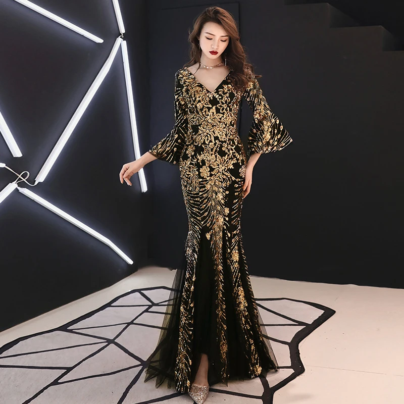 Evening Dress Fashion Banquet V-Neck Three Quarter Sleeve Tulle Black dress with Gold Sequined Mermaid Long Prom Formal Dress
Evening Dress Fashion Banquet V-Neck Three Quarter Sleeve Tulle Black dress with Gold Sequined Mermaid Long Prom Formal Dress