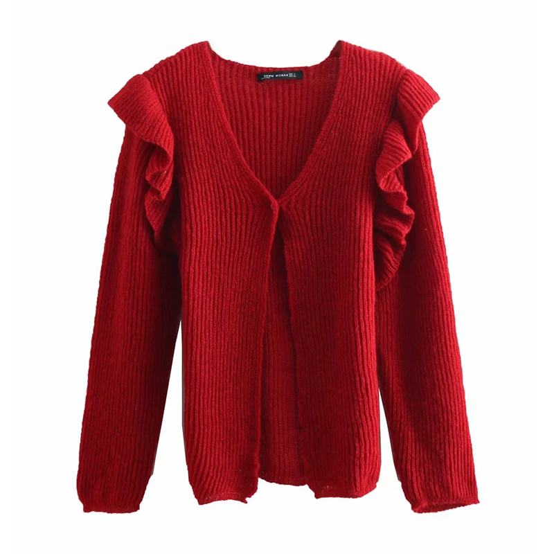 Women Spring Autumn Red Cascading Ruffles Za Knitted Cardigans 2019 New Long Sleeve Single Button Sweater Outwear sueter mujer
Women Spring Autumn Red Cascading Ruffles Za Knitted Cardigans 2019 New Long Sleeve Single Button Sweater Outwear sueter mujer