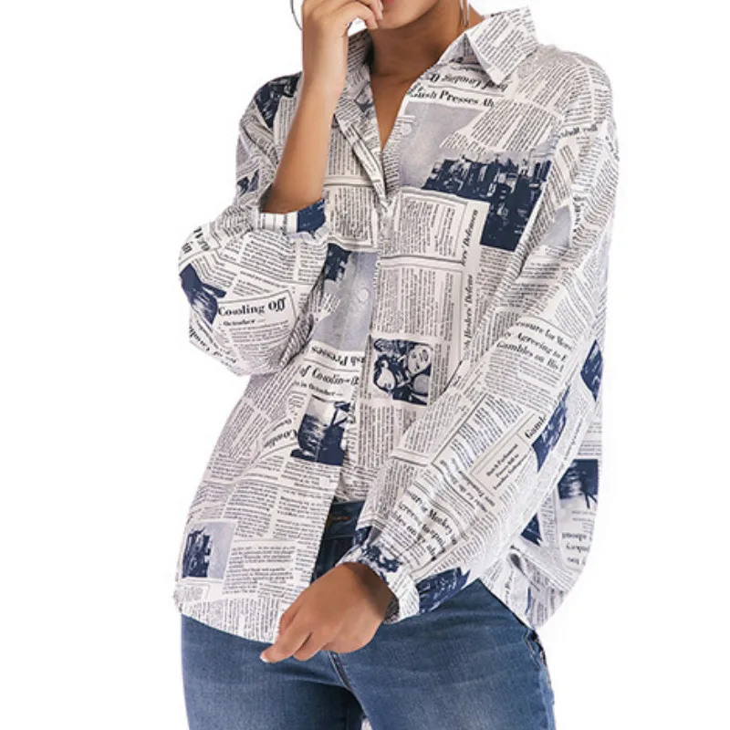 2019 Spring Summer Blouses Women Top Fashion Letter Printing Newspaper Shirts Lapel Single-breasted Shirt Women's Clothing Blue
2019 Spring Summer Blouses Women Top Fashion Letter Printing Newspaper Shirts Lapel Single-breasted Shirt Women's Clothing Blue