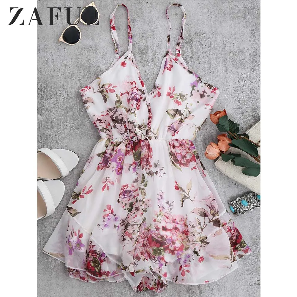 

ZAFUL Summer Holiday Floral Print Women Romper Jumpsuit Sexy Flower Chiffon Cami Strap Beach Romper Playsuit Overalls 2019 New