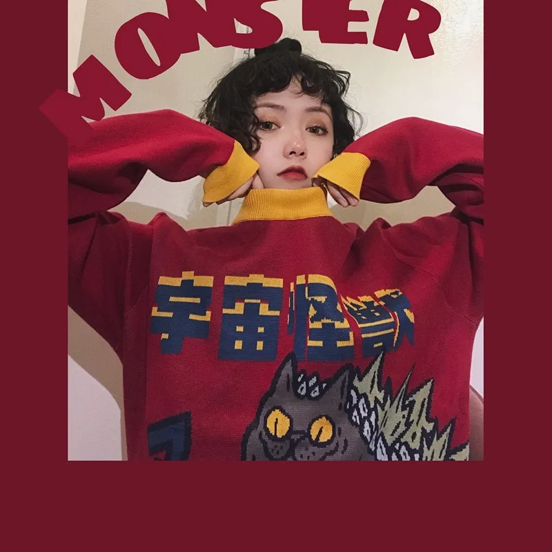 FREE SHIPPING Cat Godzilla Sweatshirt Knitted JKP4380 FREE SHIPPING Cat Godzilla Sweatshirt Knitted JKP4380