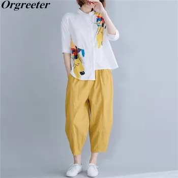 Women's Graffiti Print Loose White Shirt+ Eleastic Waist Cotton and line Harem pants Suit Casual Summer 2 piece Set Holiday Set
Women's Graffiti Print Loose White Shirt+ Eleastic Waist Cotton and line Harem pants Suit Casual Summer 2 piece Set Holiday Set
