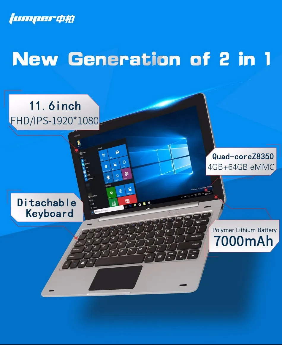 Jumper EZpad 6 Tablet PC 11.6 Inch Windows 10 IPS 1920 x 1080 Intel Cherry Trail Z8350 4GB 64GB HDMI Bluetooth WiFi Laptop (1)