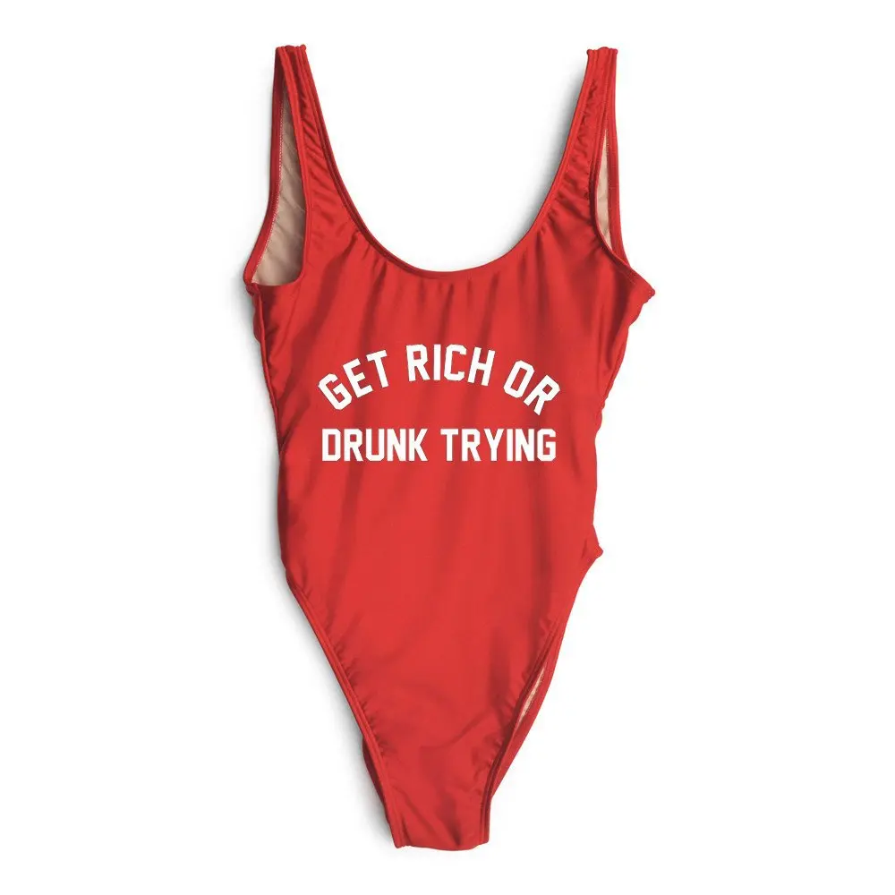 Image 2017 Women Sexy Lettering Swimsuit Bodysuit Funny One Piece Bathing Suit Swimwear Swim Suits Jumpsuits GET RICH OR DRUNK TRYING