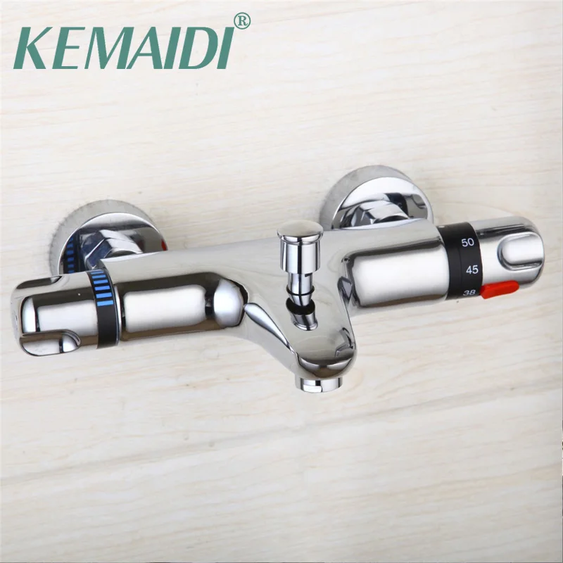 

KEMAIDI Thermostatic Shower Faucet Wall Mounted Double Handles Faucet Spout Filler +Diverter Chrome Bathtub Valve Mixer Tap