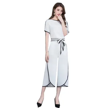 2020 Summer Fashion Women's Tracksuits Chiffon Nine Wide Leg Pants T-shirt Top Two Piece Set Women's Suit Tie Temperament Set
2020 Summer Fashion Women's Tracksuits Chiffon Nine Wide Leg Pants T-shirt Top Two Piece Set Women's Suit Tie Temperament Set