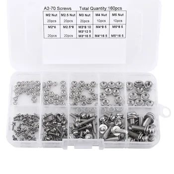 160pcs/set Stainless Steel Pan Head Screws Nuts Assortment Kit M2 M2.5 M3 M4 M5 Fastener Hardware
160pcs/set Stainless Steel Pan Head Screws Nuts Assortment Kit M2 M2.5 M3 M4 M5 Fastener Hardware