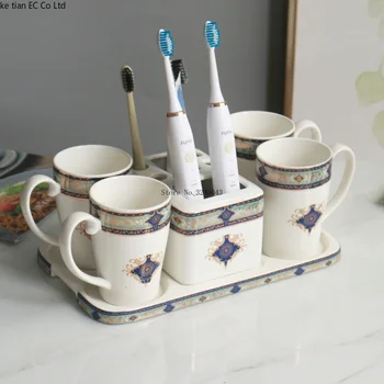 European ceramic mug cup set with tray Bathroom wash five-piece four-mouth cup toothbrush holder Bathroom decoration
European ceramic mug cup set with tray Bathroom wash five-piece four-mouth cup toothbrush holder Bathroom decoration