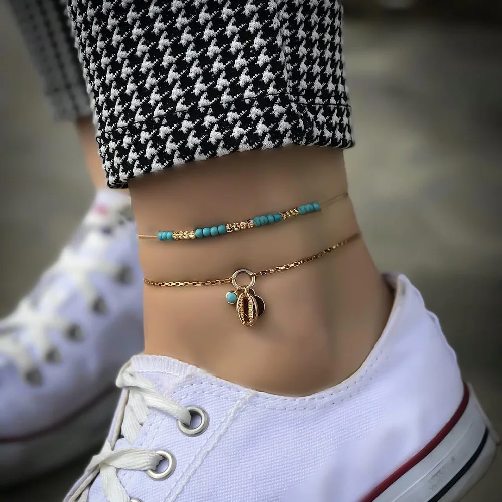 

Dainty Gold Color Cowrie Shell Anklet for Women Bracelet on The Leg Fashion Bule Bead Foot Chain Girls Beach Ankle Jewelry 2019