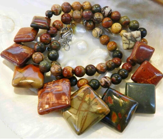 6-20 mm Naturel Picasso Jasper Round//coin//Carré Perles Pendentifs Collier 18/" AAA
