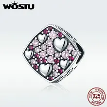 Pulsera de perlas para amuleto de cristal de color rosa con forma de corazón cuadrado de marca wostuu cuentas de plata esterlina 925 joyería de plata S925 DXC471(China)