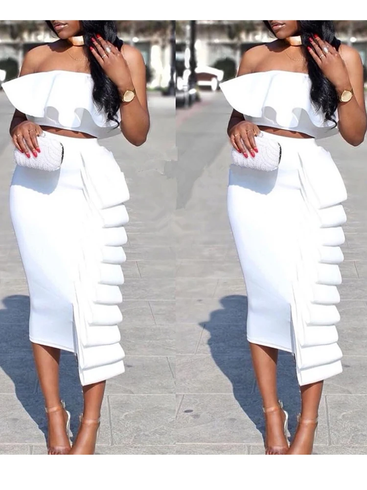 Sexy Dinner Women 2 Piece Set Off Shoulder Ruffles Crop Tube Tops Skirts Slim Jupes 2019 Fashion Summer Backless Party Wear Suit
Sexy Dinner Women 2 Piece Set Off Shoulder Ruffles Crop Tube Tops Skirts Slim Jupes 2019 Fashion Summer Backless Party Wear Suit