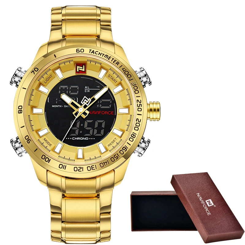 

Men's NAVIFORCE Luxury Brand Sport Watches Men Dual Display LED Digital Waterproof Full Steel Quartz Watch Man Clock+origin box