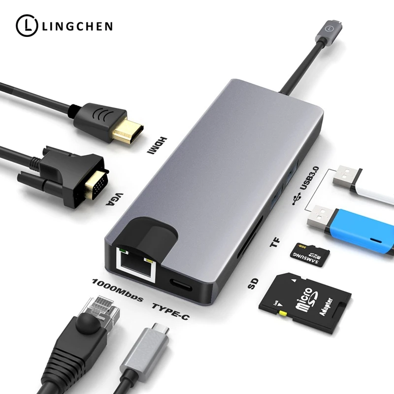 

LINGCHEN HUB USB C HDMI 8 in 1 Adapter for MacBook Type C Adapter for MacBook Type-C for Samsung Galaxy S9/S8 USB 3.0 HUB USB