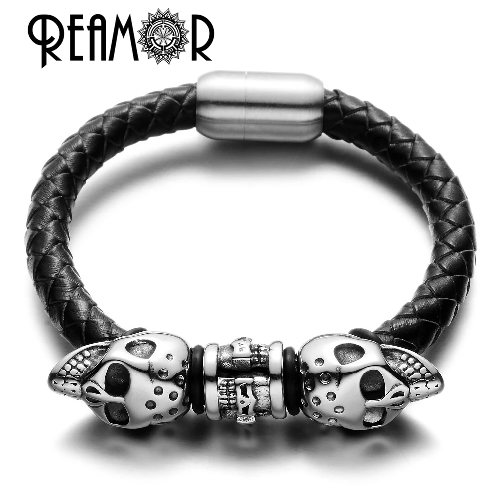 REAMOR Men Stainless steel Skull Head Beads Bracelets Skeleton Genuine Braided Leather Bracelet & Bangle with Magnetic Clasps
REAMOR Men Stainless steel Skull Head Beads Bracelets Skeleton Genuine Braided Leather Bracelet & Bangle with Magnetic Clasps