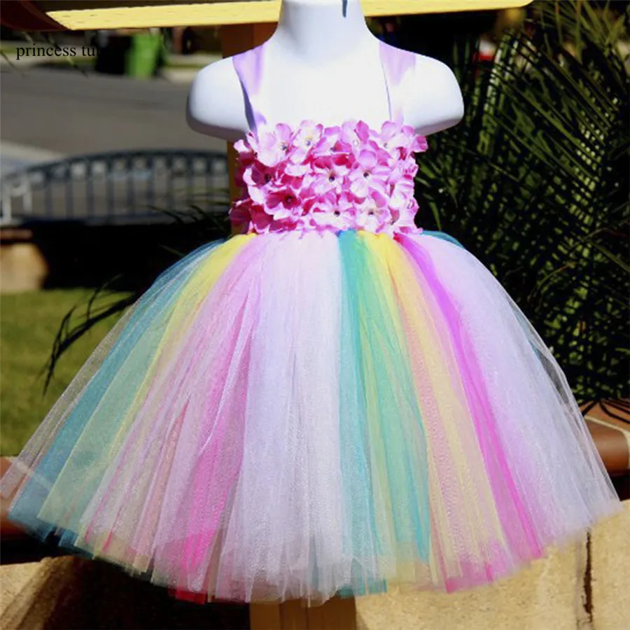 Image Girls Kids Party Rainbow Tutu Dress Handmade Mesh Tulle Flower Girl Dress Costumes Wedding Easter Dress