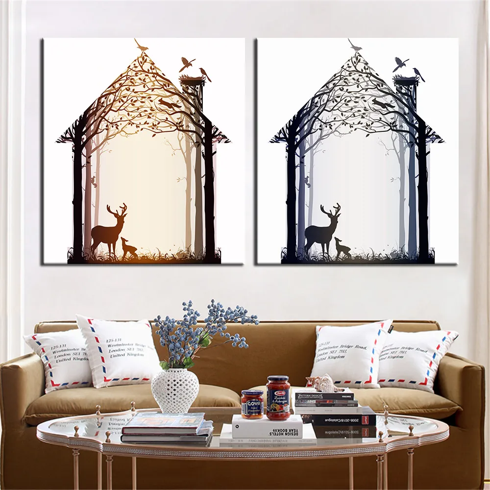 Image Mordern Deer Oil Painting Abstract Animal Wall Art Picture for Living Room Home Decor Landscape Canvas Print NO Frame 2 Panal