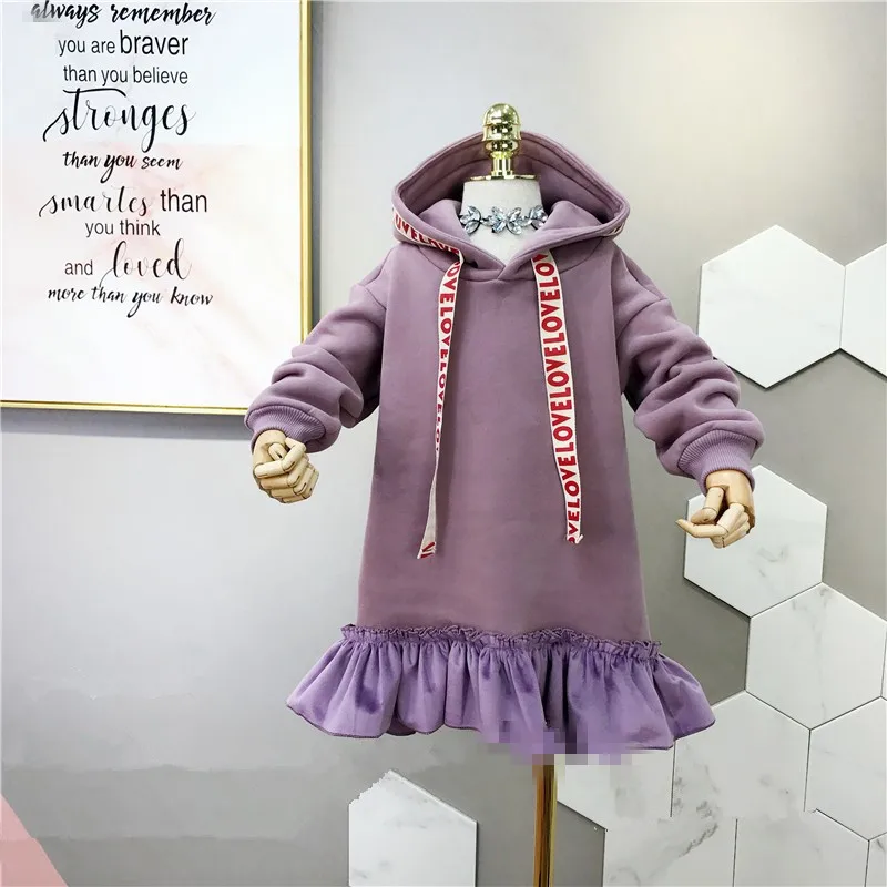 

2018 New Winter Item Girl Warm Hooded Ruffle Hem Dress Two Colors