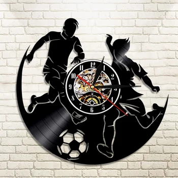 

1Piece Play Football Soccer Sport LED Silhouette Black Hanging Vinyl Record Wall Clock Modern Outdoor Sport Color Change Clock