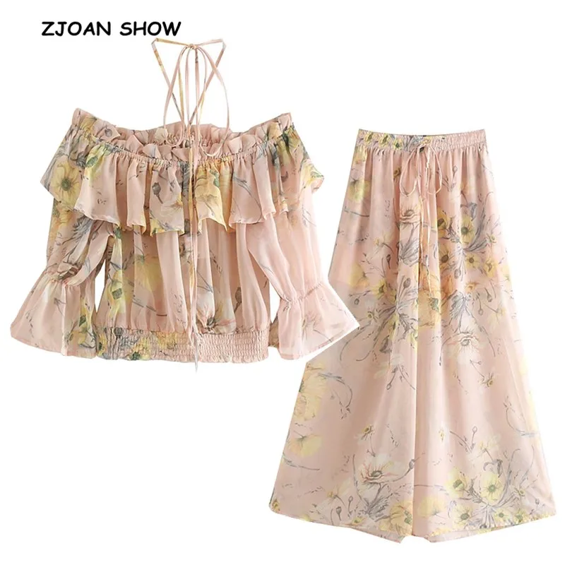 2019 New Pink Flower Print Bow Halter Ruffles Off Shoulder Shirt Elastic Waist Wide Leg Pants Women Pullover Blouse 2 Pieces Set
2019 New Pink Flower Print Bow Halter Ruffles Off Shoulder Shirt Elastic Waist Wide Leg Pants Women Pullover Blouse 2 Pieces Set