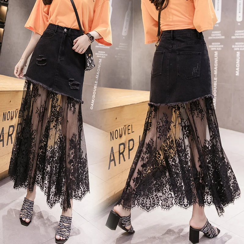 Summer new package hip mesh fashion female high waist denim lace stitching skirt
Summer new package hip mesh fashion female high waist denim lace stitching skirt
