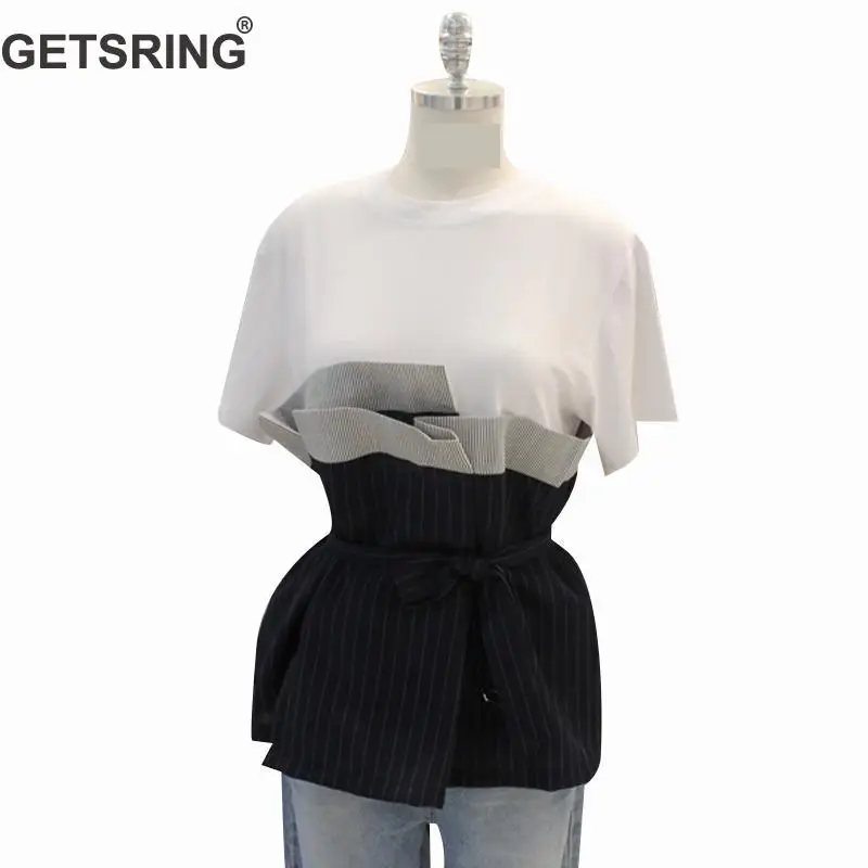 GETSRING Women T Shirt Striped Spliced Lace Up Loose Tee Shirts Female Fake Two Short Sleeves Patchwork T Shirt Asymmetrical Top
GETSRING Women T Shirt Striped Spliced Lace Up Loose Tee Shirts Female Fake Two Short Sleeves Patchwork T Shirt Asymmetrical Top