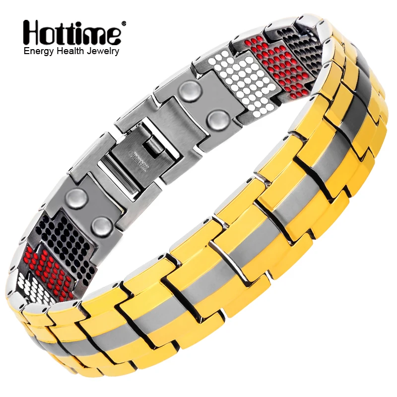 Hottime 591 PCS 4 In 1 Bio Elements Energy Stone Fashion Titanium Steel Magnetic Bracelet Never Fade Golden Men's Jewelry | Украшения и