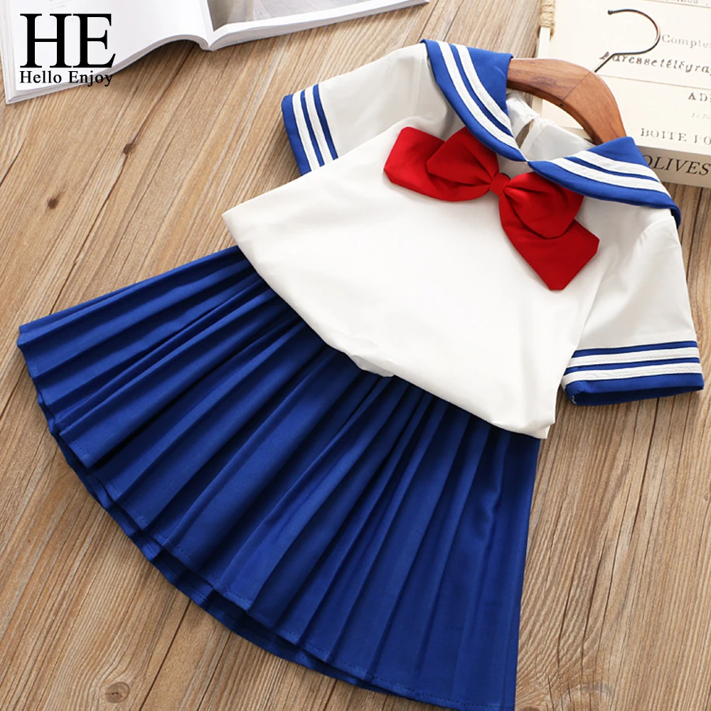 

HE Hello Enjoy Baby Girl Boutique Set Preppy Style Sailor Moon Bow Tops+Blue Pleated Skirt Suit Kids Girls Clothes Children 2-6Y