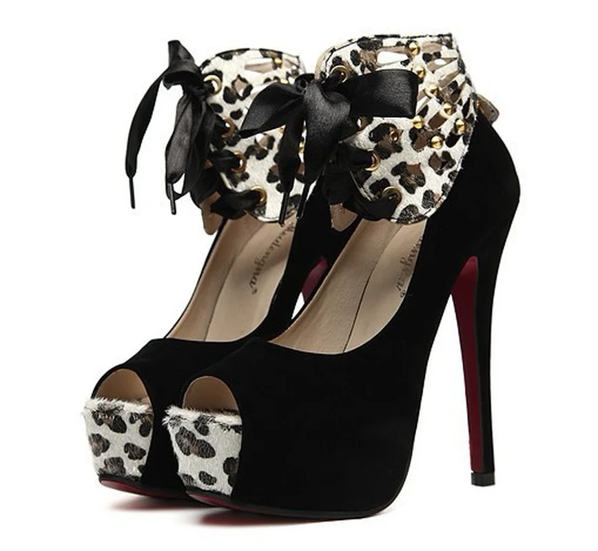 Fish mouth banquet female sandals leopard ribbon bow hollow stiletto super high heel new single shoes 
Fish mouth banquet female sandals leopard ribbon bow hollow stiletto super high heel new single shoes