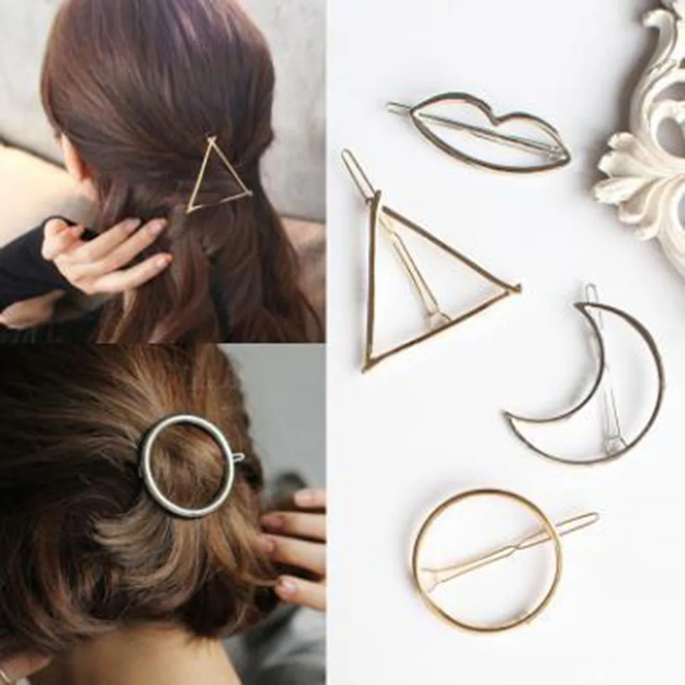 New Fashion Women Girls Gold/Silver Plated Metal Triangle Circle Moon Hair Clips Metal Circle Hairpins Holder Hair Accessories
