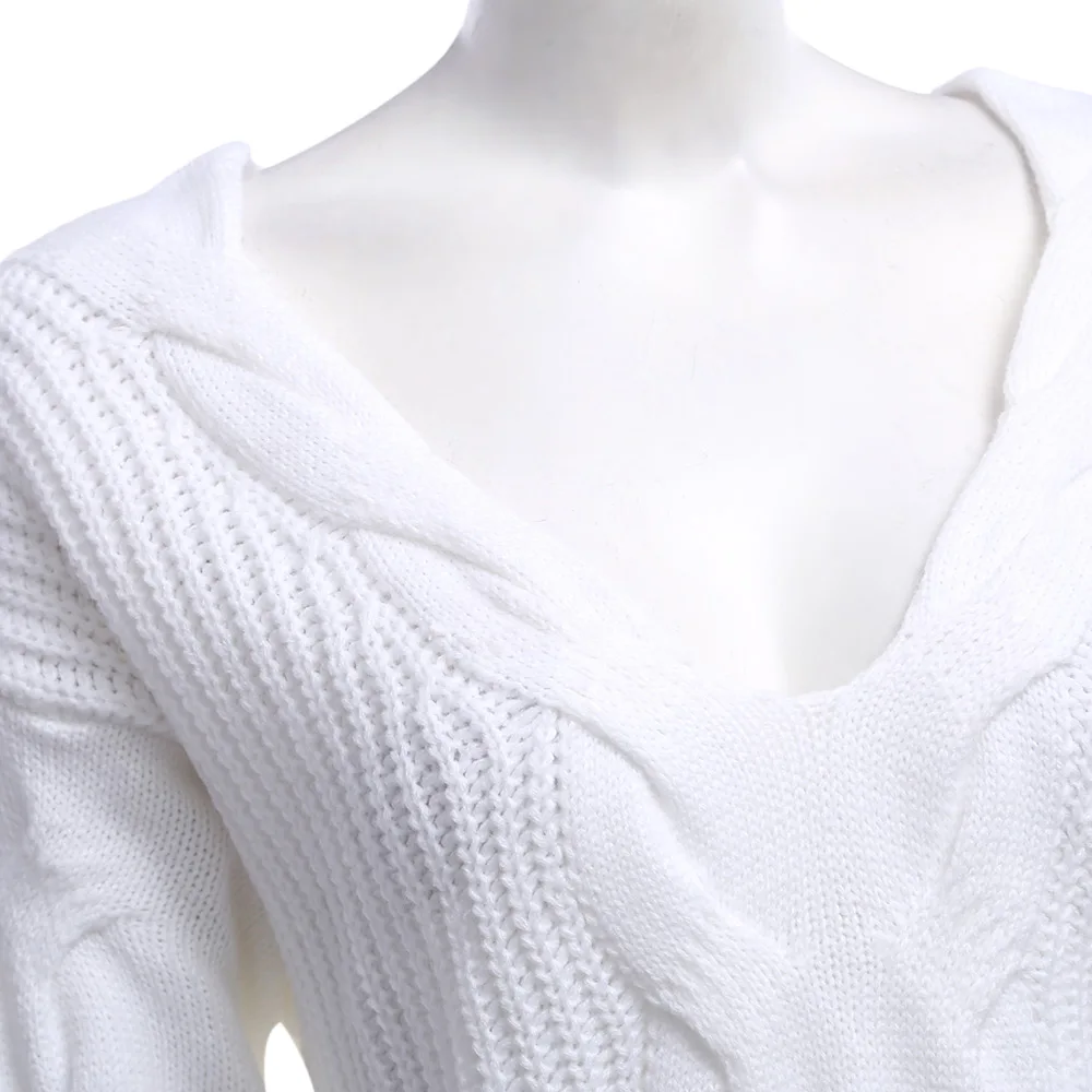 AZULINA Brief V-Neck Oversize Knitted Sweater Pullover Women 2017 Autumn Winter Drop Shoulder Loose White Sweater Pull Femme 4