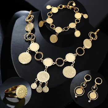 New arrival Bride Muslim Coin Necklace Earring Ring Bracelet Sets for women Gold Color Middle East Arab Wedding Jewelry gift
New arrival Bride Muslim Coin Necklace Earring Ring Bracelet Sets for women Gold Color Middle East Arab Wedding Jewelry gift