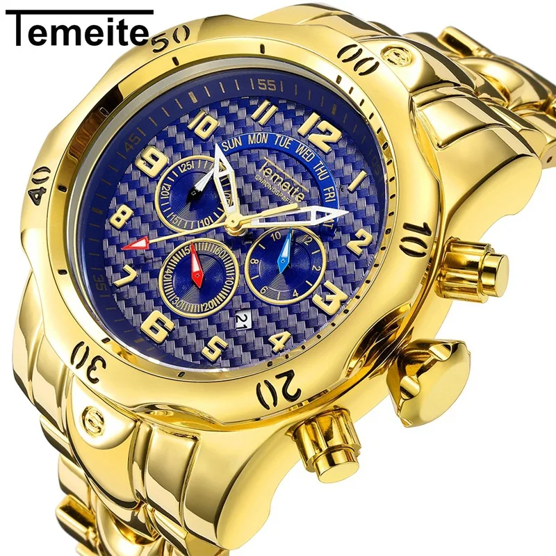 Роскошные золотые синие с большим циферблатом бренд TEMEITE мужские часы кварцевые