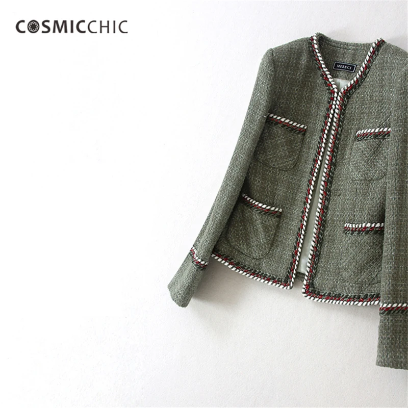 Image Lady Designer Runway Army green Tweed Jacket Cardigans with Pockets Long sleeves cuffs Weave Trim detail LY049