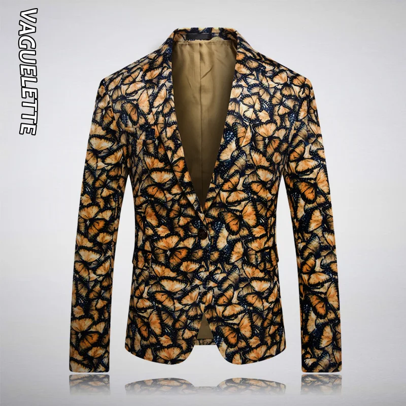 

VAGUELETTE Butterfly Pattern Men's Fashion Blazer Elegant Yellow Stage Suit Jacket Luxury Wedding Jacket Blazer Hombre Slim Fit