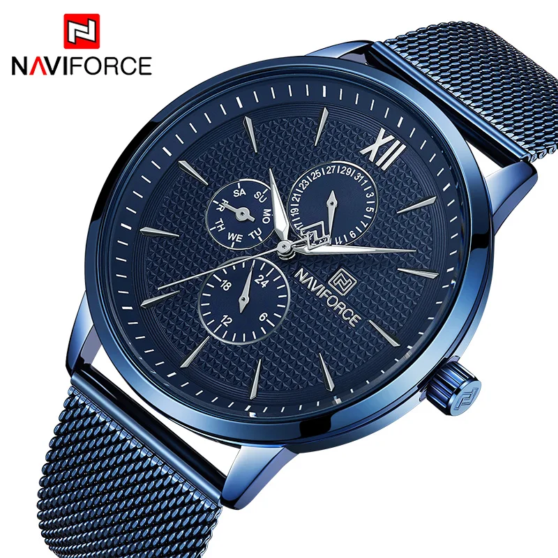 Часы NAVIFORCE Мужские кварцевые деловые Водонепроницаемые Синие приталенные с