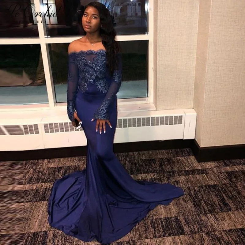 PEORCHID African Navy Blue Long Sleeves Prom Dress Mermaid Lace Boat Neck Vestido Graduacion Largo 2019 Elegant Party Gowns | Свадьбы и