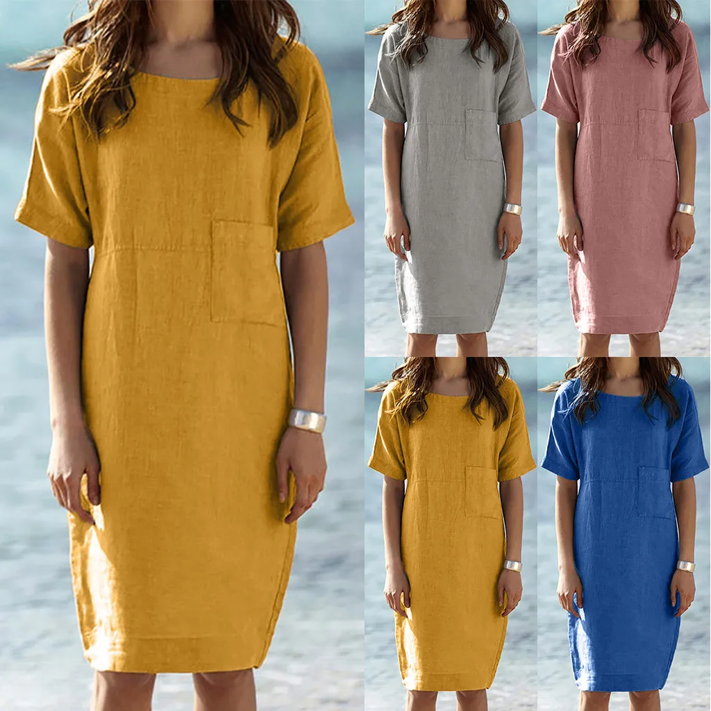 Women Summer Casual Linen dress Easy Solid Short Sleeve daily Dress Crew Neck Loose Vintage Boho beach Dresses robe femme#J30
Women Summer Casual Linen dress Easy Solid Short Sleeve daily Dress Crew Neck Loose Vintage Boho beach Dresses robe femme#J30