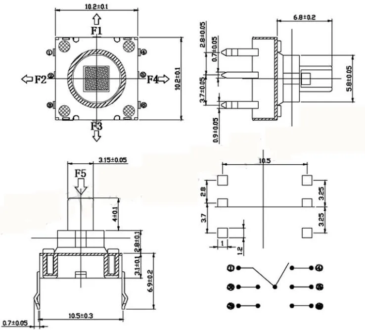 5PCS 5-Position 5 Way Switch 10*10*10MM Multi Directional Tactile Switch DIP-6