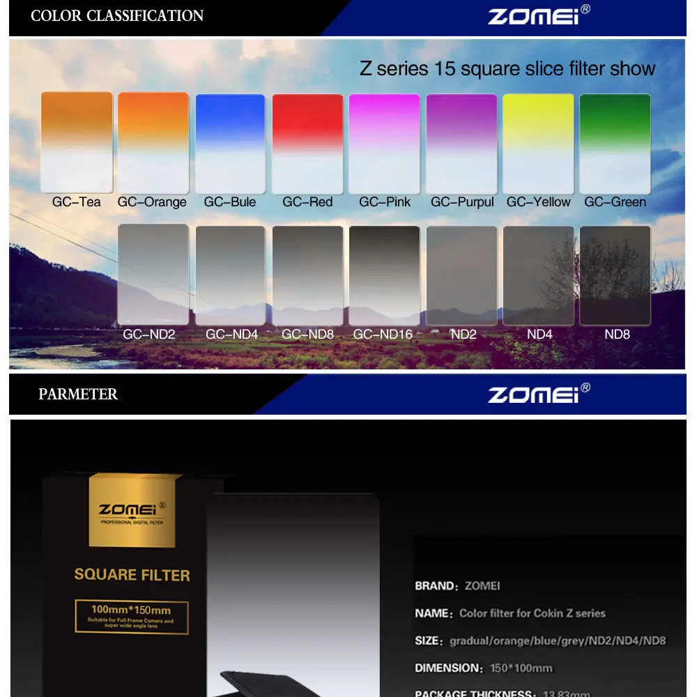 

Zomei Soft Square 100*150mm Graduated ND2 ND4 ND8(0.3-0.9)Neutral Density Filter Kit For Cokin Z Series 150*100mm
