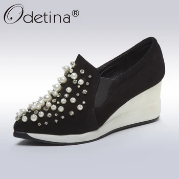 Odetina Autumn Genuine Leather Wedges Shoes Women Black Cow Suede Casual Shoes Lady Fashion String Bead Crystal Platform Pumps 
Odetina Autumn Genuine Leather Wedges Shoes Women Black Cow Suede Casual Shoes Lady Fashion String Bead Crystal Platform Pumps