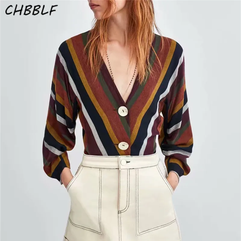 CHBBLF women elegant V neck striped blouses buttons long puff sleeve shirts streetwear casual chic tops CDC8797
CHBBLF women elegant V neck striped blouses buttons long puff sleeve shirts streetwear casual chic tops CDC8797