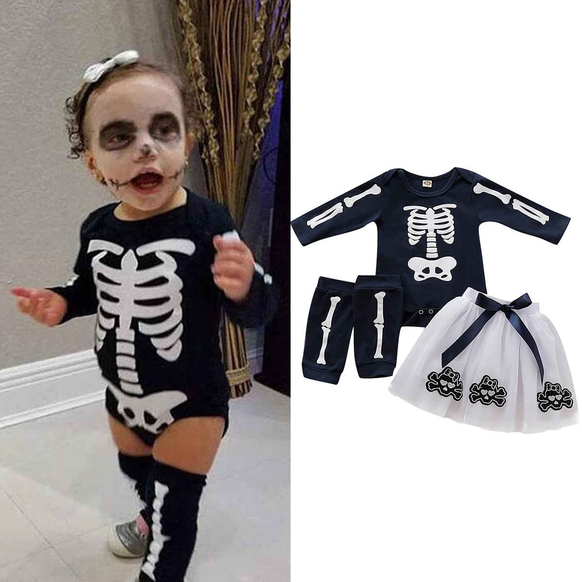 Halloween Costume For Kids Scary Skeleton Zombie Girls Romper + Leg Warmers + Mesh Skirt Ghost Child Carnival Party Cosplay set
Halloween Costume For Kids Scary Skeleton Zombie Girls Romper + Leg Warmers + Mesh Skirt Ghost Child Carnival Party Cosplay set