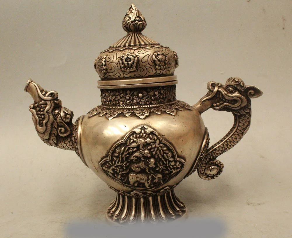 DS 10" Marked Chinese Dyansty Palace Silver Dragon Handle Water Wine Tea Pot Flagon
DS 10" Marked Chinese Dyansty Palace Silver Dragon Handle Water Wine Tea Pot Flagon