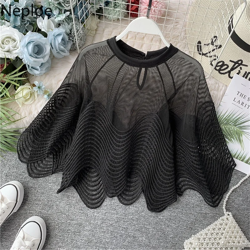 

Neploe Hollow Out Lace Women Blouses Fashion O-Neck Flare Sleeve Blusa Summer 2019 Loose Slim Fit Female Shirts 45310