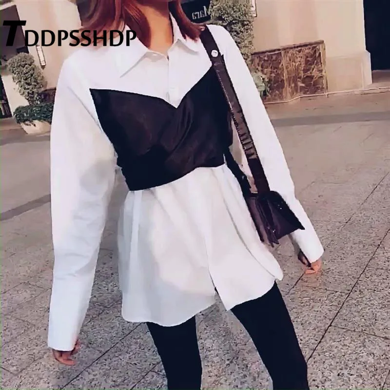 Contrast Color Patchwork Wrapped Chest Women Blouse Fake Two Piece Long Sleeve Lapel Spring Female Blouses
Contrast Color Patchwork Wrapped Chest Women Blouse Fake Two Piece Long Sleeve Lapel Spring Female Blouses