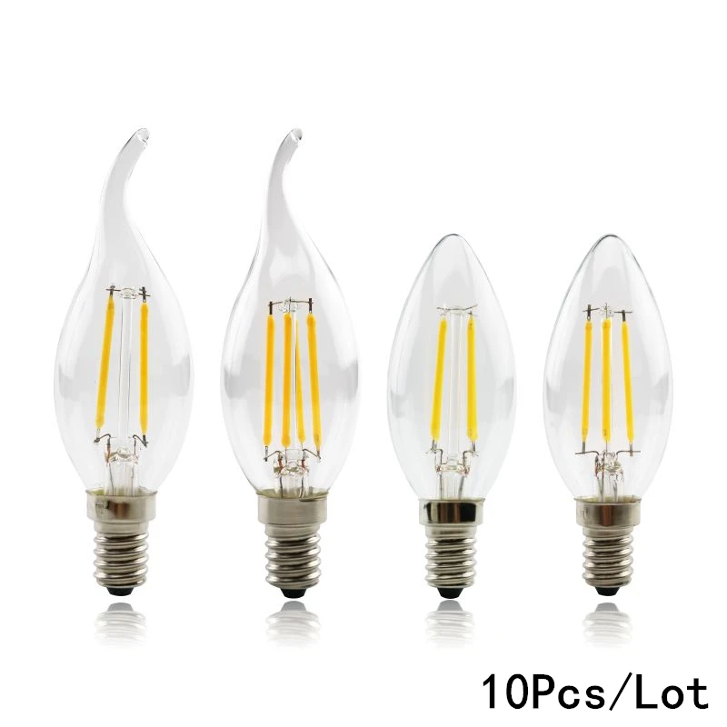 

10Pcs/Lot LED Bulb E14 2W 4W 6W AC 220V-240V C35 Glass shell 360 Degree vintage LED candle light C35L edison LED Filament lamp